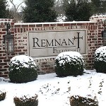Remnant Fellowship Church sign with snow