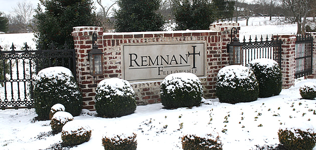 Remnant Fellowship Church sign with snow